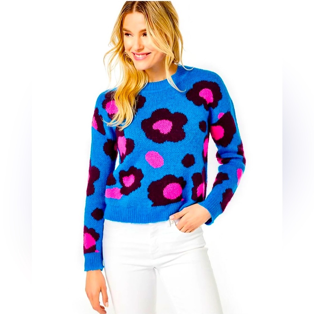 Lilly Pulitzer Ferrara Knit Crew Neck Sweater BLUE/PINK Size M NEW